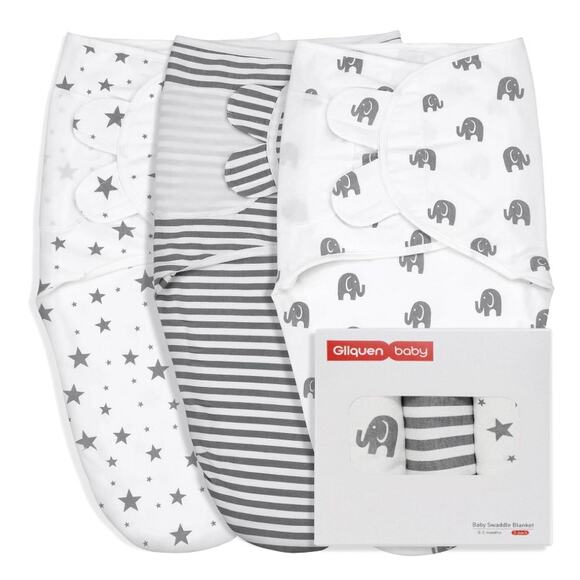 Swaddle Blankets 3 Pack 0-3 Months, Elephant, Stars & Stripes designs, Newborn - Picture 1 of 9